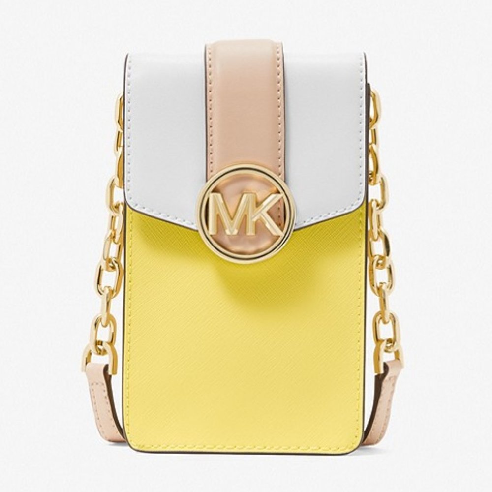 Michael Kors Carmen Small Color-Block Faux Leather Phone Crossbody Bag Sunshn